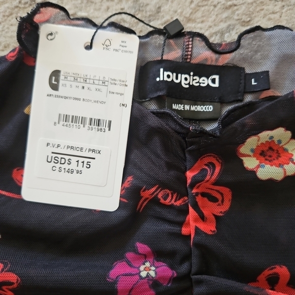 Desigual Womens Tulle Ruched Floral Artistic Long Sleeve Colorful Bodysuit L - Picture 12 of 15